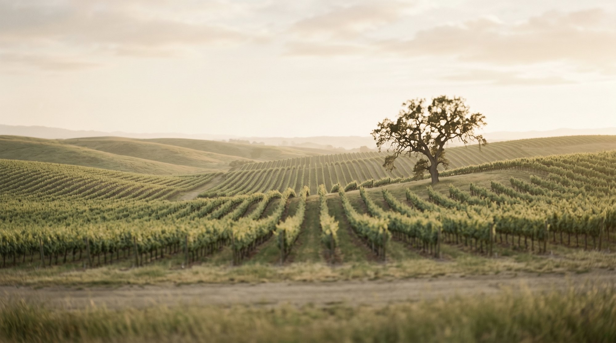 VINEA estate vineyard rows at golden hour