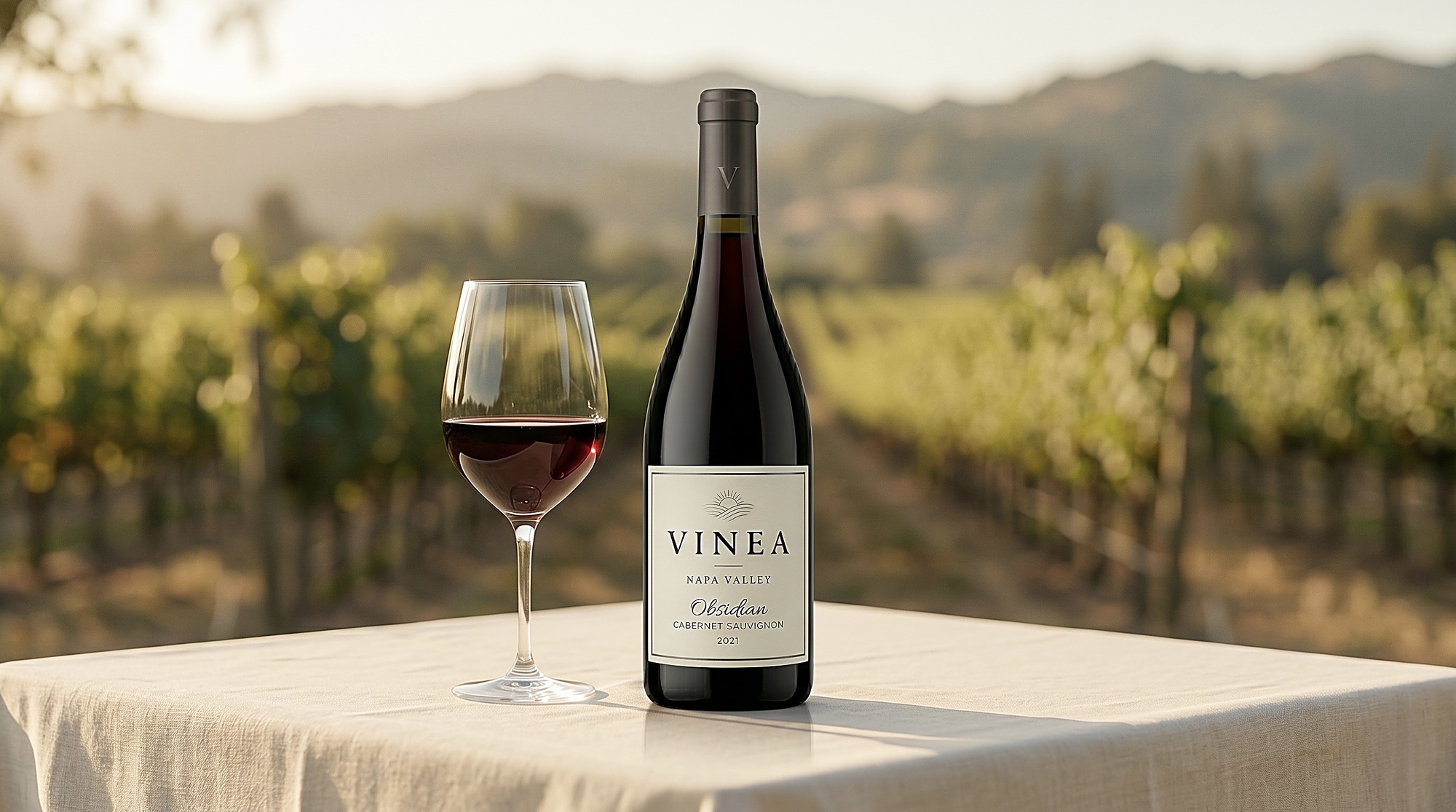 A glass and bottle of VINEA on a terrace overlooking the vineyard